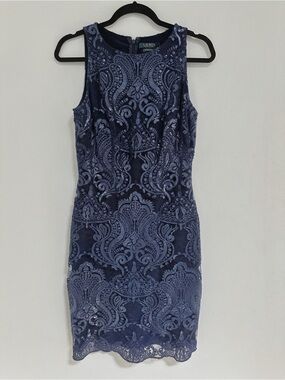 Lauren Ralph Lauren Evening Navy Blue Sequin Lace Sheath Dress size 4 Cocktail